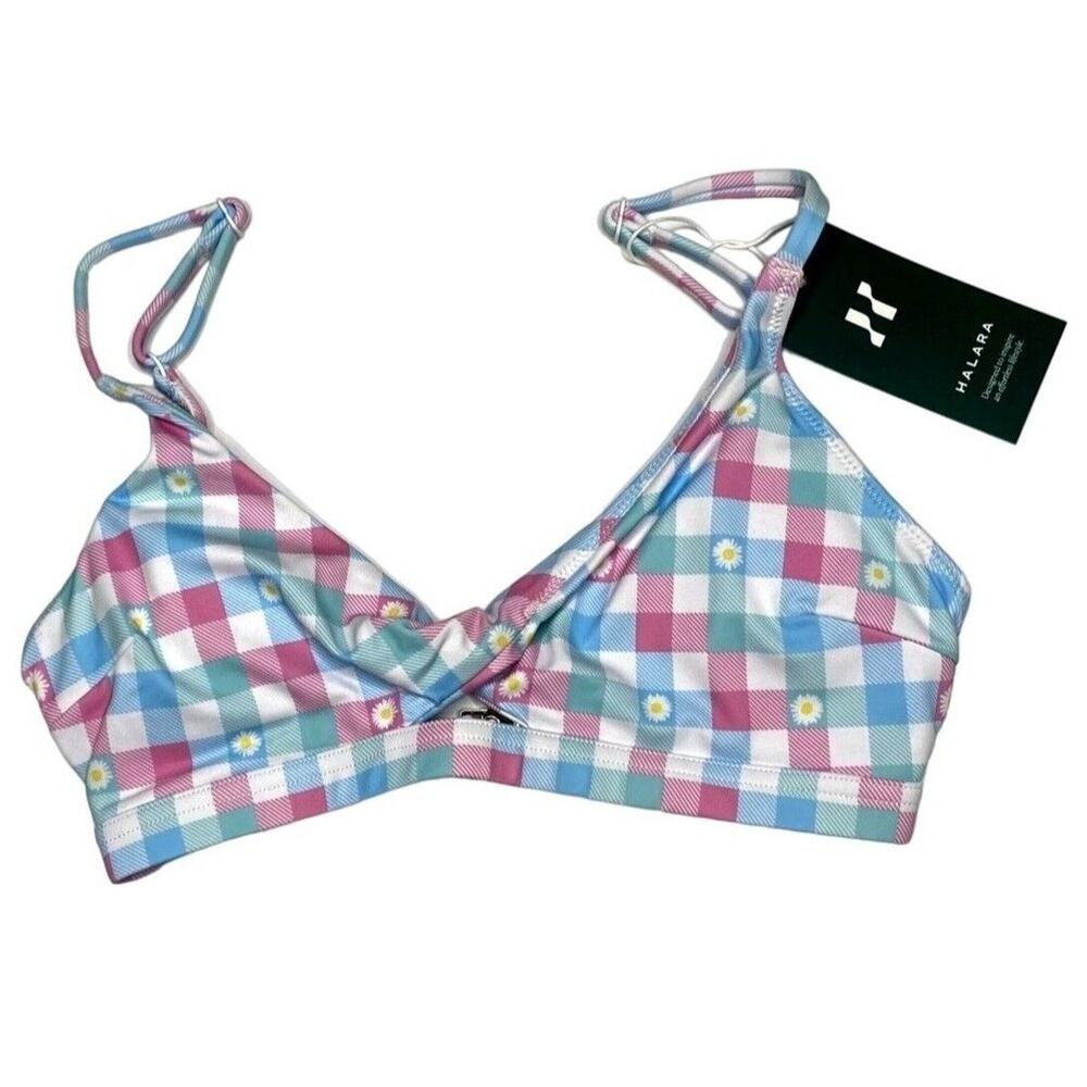 NWT Halara The Bikini Daisy Swim Checkered Top Removable Cups XS Pink Blue White